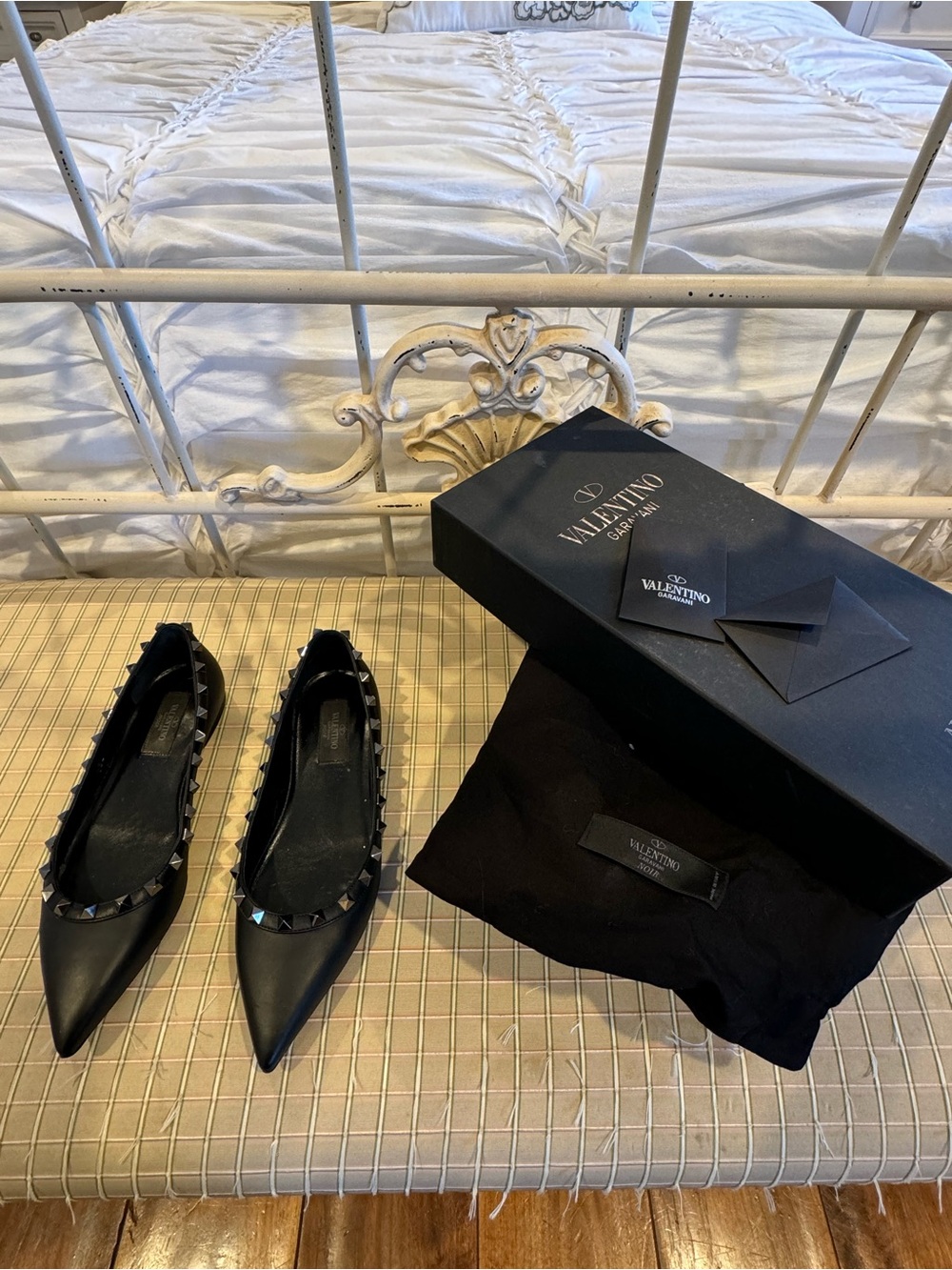 Valentino Black Leather Rockstud Pointed Flats